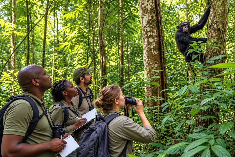 Tourists tracking chimpanzees in Kibale National Park, Uganda